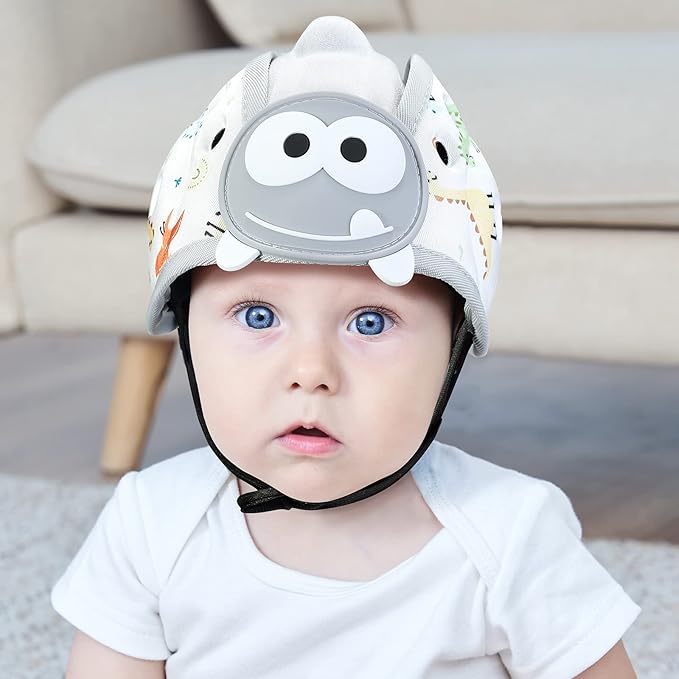 Baby Head Protector for Crawling and Walking, Anti-Collision Soft Infant Helmet for 6-24 Months, Breathable & Ultra-Lightweight & Expandable and Adjustable (Gray Dinosaur)
