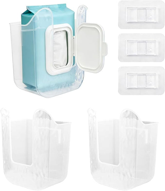 3Pcs Wall-Mounted Wipes Dispenser, Flushable Wipe Holder for Bathroom, Wet Tissue Dispenser Container, Refillable Kitchen Wipes Storage Box for Toilet Bathroom Bedroom (Transparent)