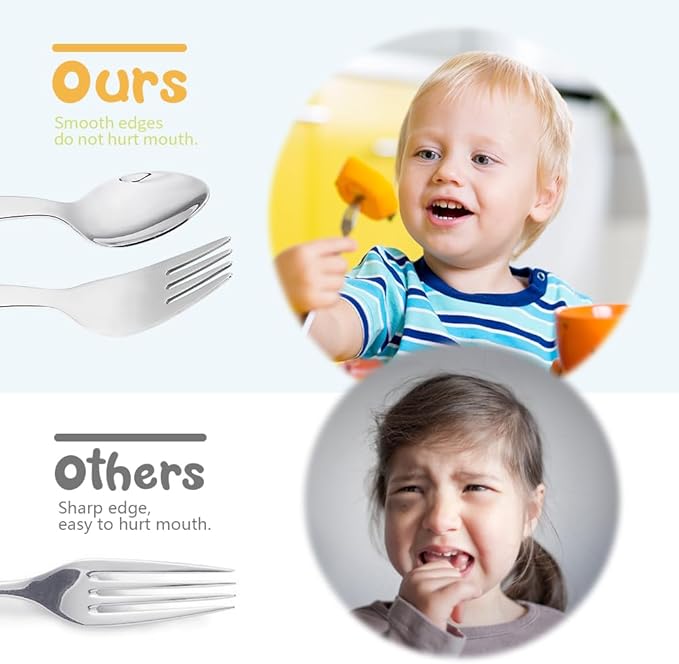4 Piece Stainless Steel Toddler Forks and Spoons with Smooth Rounded Edges | Self-Feeding Toddle Utensil Set for Babies 1+ Year Old | Dishwasher Safe Baby Silverware Set