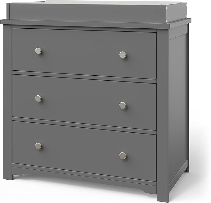 Child Craft Harmony 3-Drawer Dresser with Changing Table Topper, 38" W Nursery Dresser and Changing Station, Smooth Glides, Baby-Safe Finish, Cool Gray