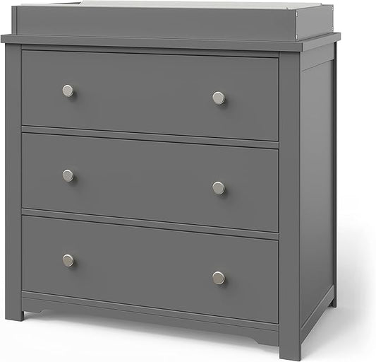 Child Craft Harmony 3-Drawer Dresser with Changing Table Topper, 38" W Nursery Dresser and Changing Station, Smooth Glides, Baby-Safe Finish, Cool Gray