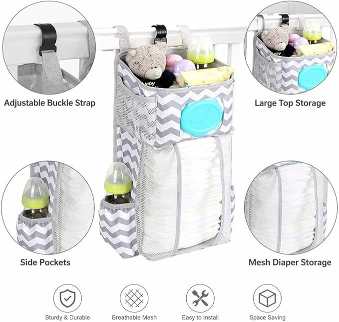 Hanging Diaper Caddy Organizer for Crib, Baby Diaper Holder with 3 Compartments, Water-Resistant Nursery Storage Bag for Changing Table, Playard, Wall, Ripple Grey