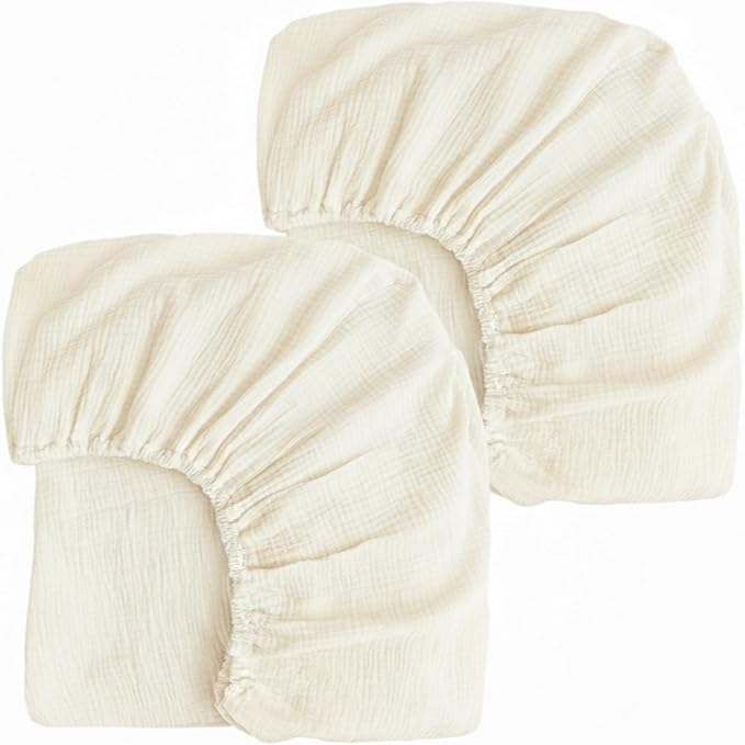 2 Pack Ivory Muslin Crib Sheets for Boys & Girl- Neutral Breathable Cotton Crib Mattress Sheets Fitted for Standard 28"x 52"- Nursery Décor No Slip Crib Bed Sheets