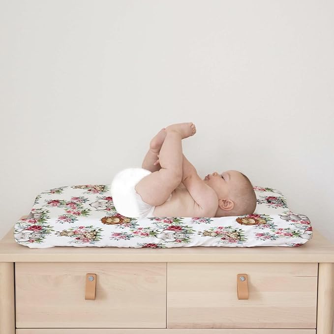 Baby Safari Animals Boho Floral Changing Pad Covers Lion Elephant Giraffe Zebra Hippo Roses Diaper Change Table Pad Covers for Girl Boy Soft Breathable Stretch Changing Mat Sheets 32''x16''