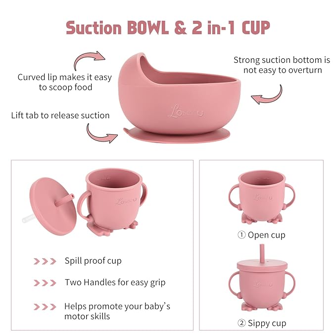 Silicone Feeding Set|Baby Led Weaning Supplies|Suction Plate Bowl Set with Bib, Spoon, Fork, Sippy Cup|Feeding Eating Supplies BPA Free