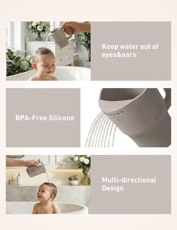 Roslim Silicone Baby Bath Rinse Cup, Shampoo & Body Rinser with Easy-Grip Handle for Rinsing Hair and Body Washing, Lightweight, Non-Toxic for Babies, Toddlers, Kids (Taupe)