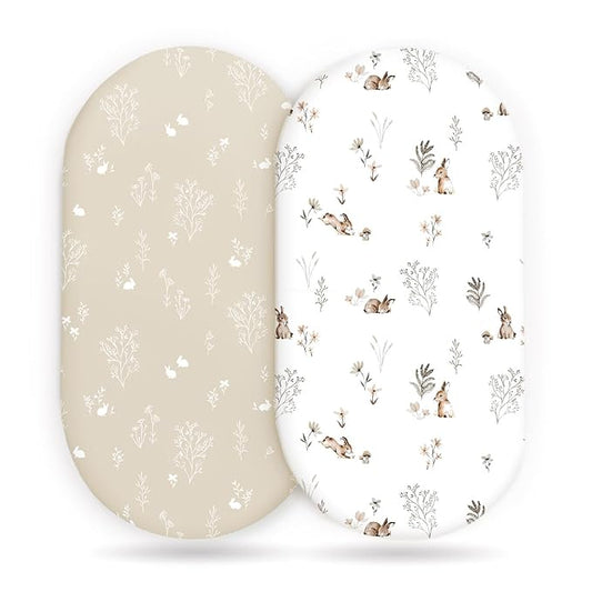 GRSSDER Stretch Ultra Soft Fitted Bassinet Sheet Set 2 Pack, Universal Fit for Bassinets Baby Cradle Moses Basket Oval Rectangle Mattress Safe and Snug, Stylish Watercolor Rabbit Pattern