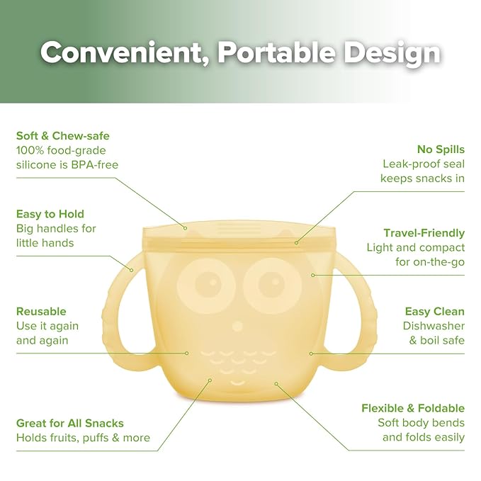 Haakaa Oscar Owl Baby Snack Container- Spill Proof Toddler Snack Containers, Silicone Travel Snack Container for Toddlers, Reusable Snack Containers for Kids On-The-Go,BPA Free- Banana