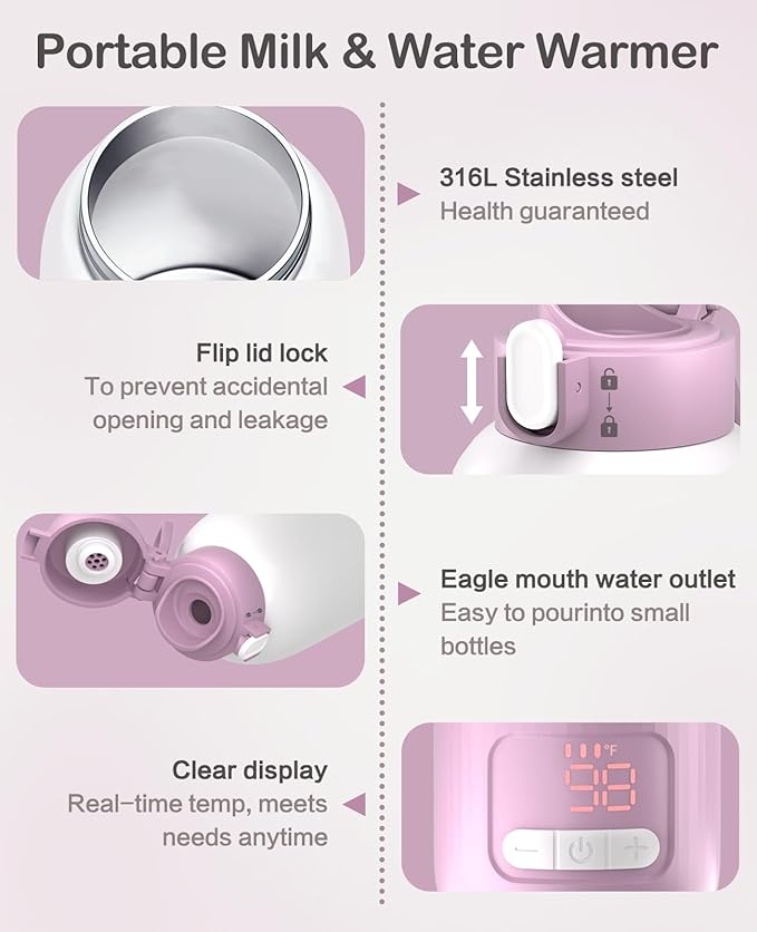 Portable Bottle Warmer for Travel, 17 oz Large Capacity & 16000mAh Extended Battery Life, 8 Temp Contorl, Breastmilk/Formula/Water/Milk 2Min Fast Warmer Heating, Ideal for Travel, Outdoor