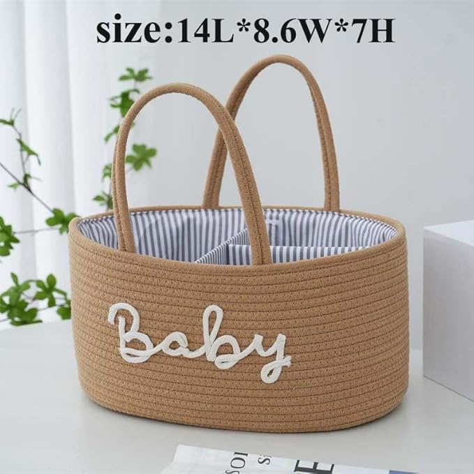 Diaper Caddy Organizer, Cotton Rope Baby Storage Basket, Nursery Diaper Organizer With Divider, Portable Diaper Storage - Hemp Yellow
