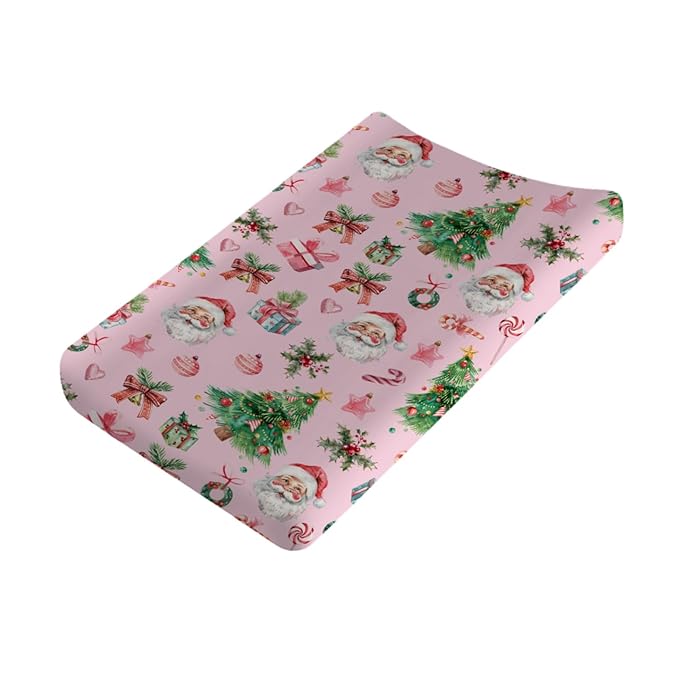 Vintage Pink Watercolor Santa Claus Baby Changing Pad Covers Retro Christmas Santa Trees Gift Candy Diaper Changing Table Sheets for Boy Girl Soft Stretchy Snug Fitted Change Table Mat 32''x16''