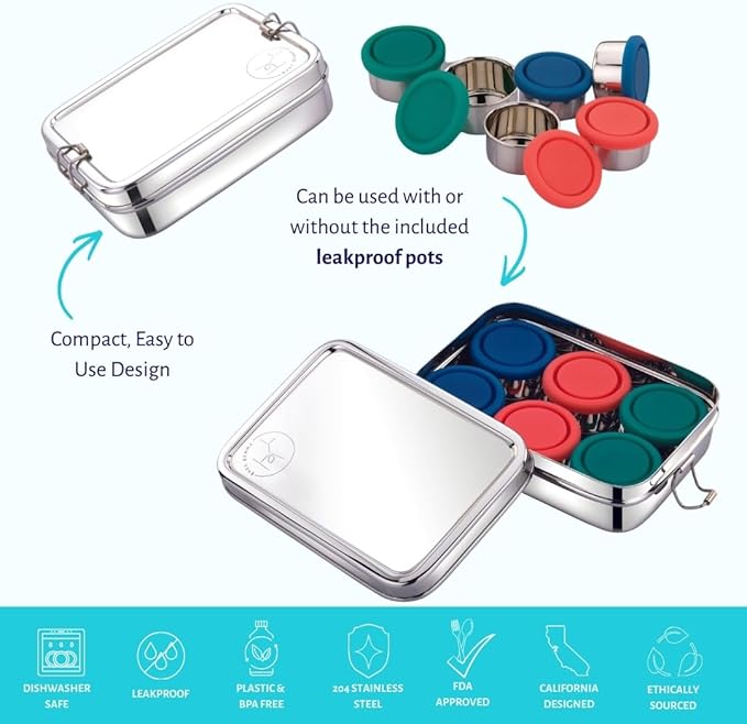 Stainless Steel Reusable Snack Bento Box: 6 50mL containers included | Plastic Free | Dishwasher Safe | No Spill, Leakproof | Perfect Toddler Lunch Box for School, Airplane, On-the-go