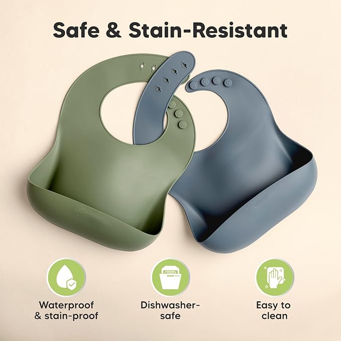 KeaBabies 2-Pack Silicone Bibs for Babies, Toddlers Girl, Boy – Sturdy Food-Grade Baby Bibs for Eating, Large Food Catcher, Clean & Put On Easily, Waterproof Toddler Feeding Essentials (Slate)