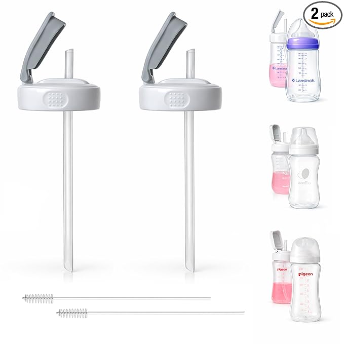 Flip Top Straw Lid for Lansinoh, Pigeon and Evenflow Wide Neck Baby Bottles, 2-Count, Cleaning Brush, Food Grade Silicone, BPA-Free, Spill and Leak Proof, Converts to Straw Bottle, 6+ Months