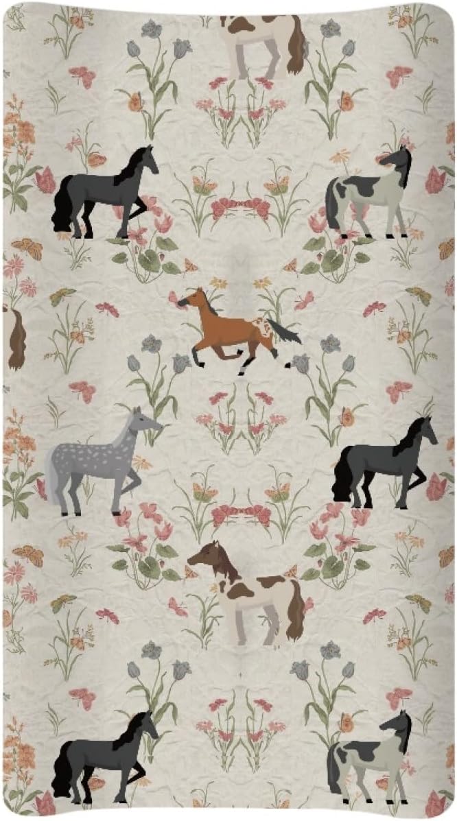 GOSTONG Horse Flower Changing Pad Cover for Toddler Baby Girls Boys Diaper Change Table Sheet Cover Replacement Stretchy Changing Table Covers Soft Breathable