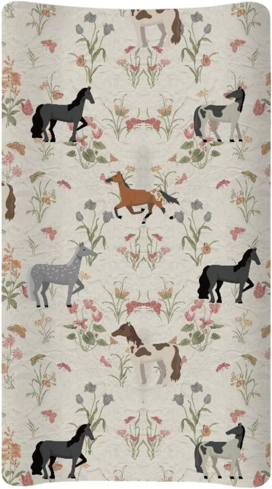 GOSTONG Horse Flower Changing Pad Cover for Toddler Baby Girls Boys Diaper Change Table Sheet Cover Replacement Stretchy Changing Table Covers Soft Breathable
