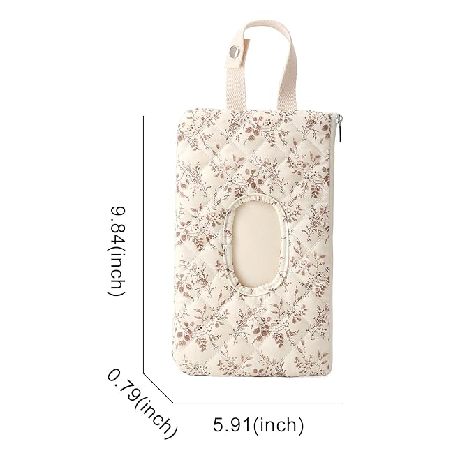 Quilted Baby Wipe Holder, Canvas Floral Quilted Pouch with Hanging Strap, Portable Diaper Wipe Holder for Travel Stroller-Beige