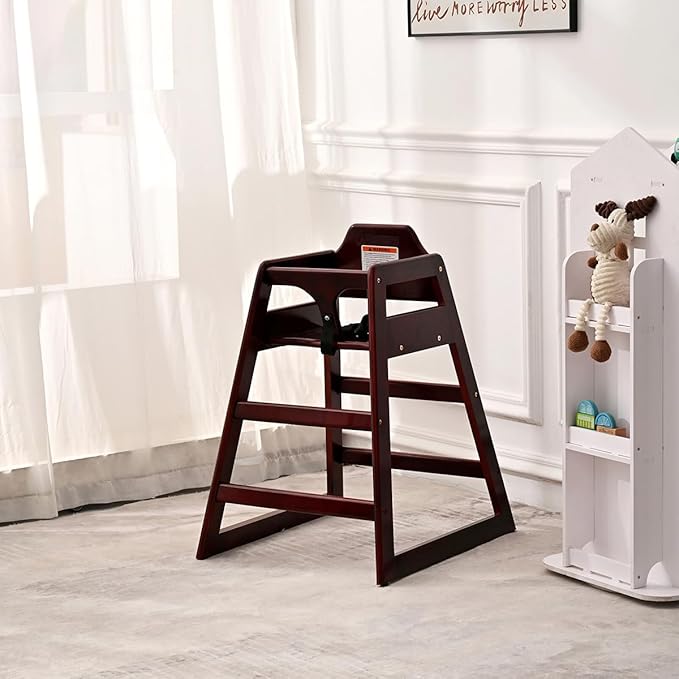 LZMS Wooden Highchair for Babies & Toddlers - Skin-Friendly,Rounded Edges,Safety Belt,Stackable,Reinforced Frame Baby Seat | Natural Finish Dining Chair for Little Ones（Color: Mahogany）