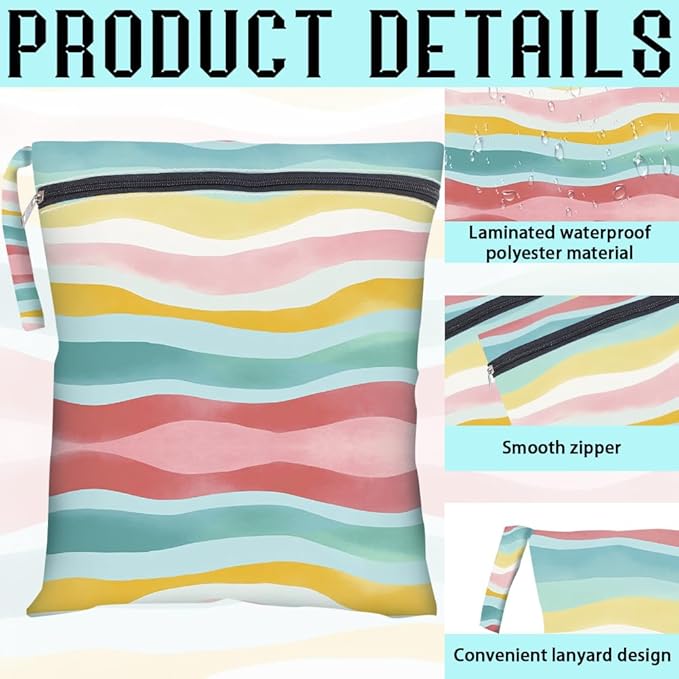2Pcs 2 Sizes Wet Dry Bag Rainbow Beach Wet Bags Stripe Pattern Polyester Waterproof Sandproof Reusable Storage Zipper Pouch for Friends Makeup Swimsuit Travel Dirty Diaper Clothes Gifts