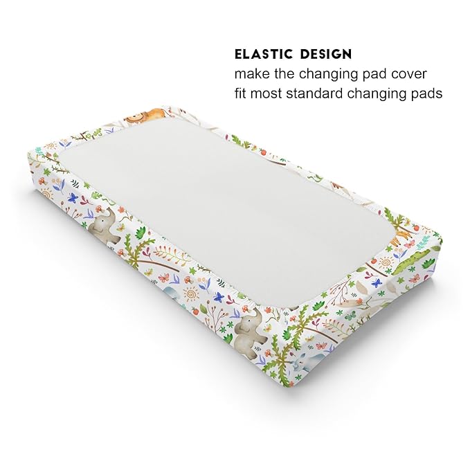 Safari Jungle Animals Trees Changing Pad Covers Lions Elephant Giraffe Monkey Hippo Sun Leaves Baby Diaper Change Table Sheets for Boy Girl Soft Breathable Stretch Fitted Changing Table Mats 32''x16''