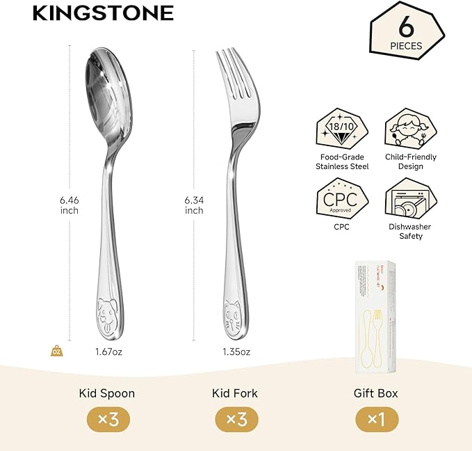 KINGSTONE Kids Silverware Set, 6-Piece Large Forks & Spoons, 18/10 Stainless Steel, Cat & Dog Print, Ergonomic Flatware for Self-Feeding Toddlers, Home & Travel