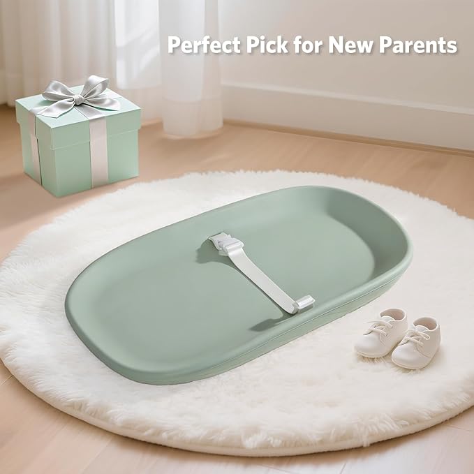 Baby Changing Pad Waterproof in EVA Foam, Baby Changing Mat Wipeable Baby Changing Table Pad, Adjustable Safety Belt & Non-Slip Base, for Diaper Changes & Massage, Fits Dresser/Changing Table - Sage