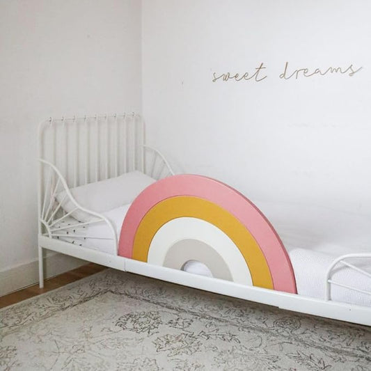 Premium 3-in-1 Toddler Bed Rail with Decorative Headboard and Wall Decor Functionality, High-End Bed Guard for Kids, Wooden Baby Bed Rail Guard, Rainbow Twin Bed Rail for Toddlers - Pink