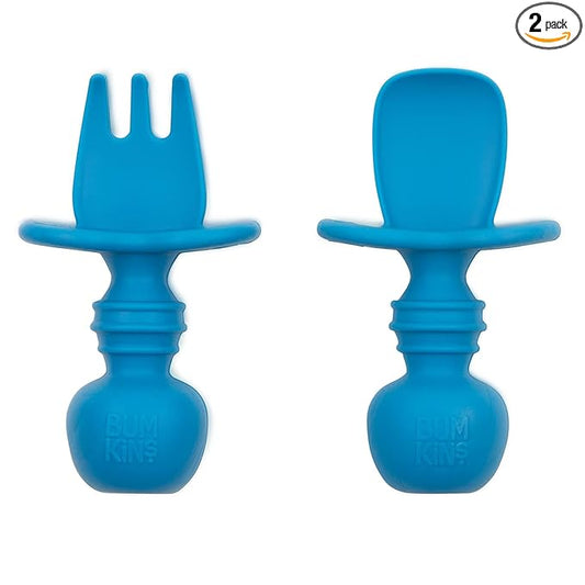 Bumkins Baby Utensils Set, Chewtensils Silicone Spoons for Dipping, Self-Feeding, Baby Led Weaning, Trainer Learning, First Stage Eating, Soft Practice Fork and Spoon, Babies 6 Months, Dark Blue