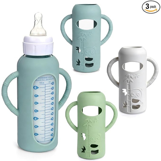 3 Pack Silicone Sleeves for Dr. Brown's Glass Bottles 8 OZ - Anti Breakage Baby Bottle Holder, Compatible with Dr. Brown's Glass Bottles for Babies with Handle (Other Products Cannot be adapted)