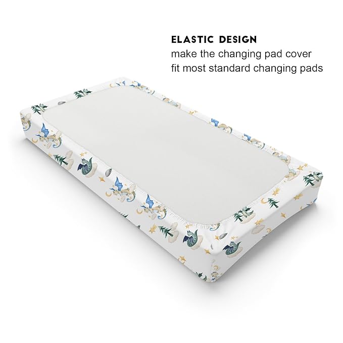 Cartoon Fairy Tale Dragon Moon Stars Clouds Trees Changing Pad Covers Watercolor Dragons Diaper Changing Table Cover Sheets for Boy Girl Soft Stretchy Snug Fitted Baby Changing Pad Mats 32''x16''