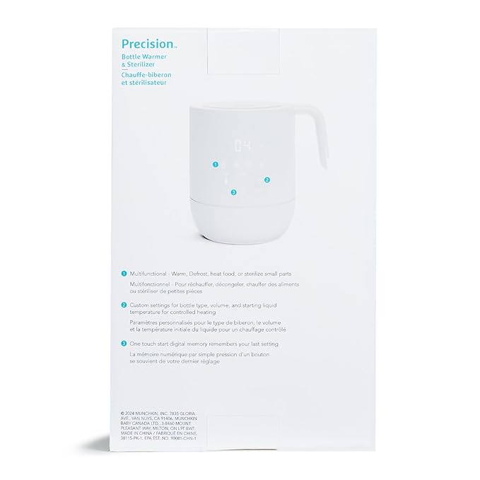 Munchkin Precision Baby Bottle Warmer for Breastmilk, Formula, Food Jars, and Sterilizing Small Parts - Compatible with All Bottle Brands, Glass, Silicone & Plastic, Digital Display, White (Plug-in)