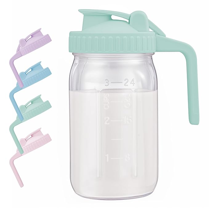AoeJarry Breast Milk Pitcher with Leak Proof Flip Cap & Pour Spout, 32 oz Wide Mouth Mason Jars for Breast Milk Storage Container, Glass Picther with Lid for Cold Brew Coffee, Sun Tea, Juices, Green
