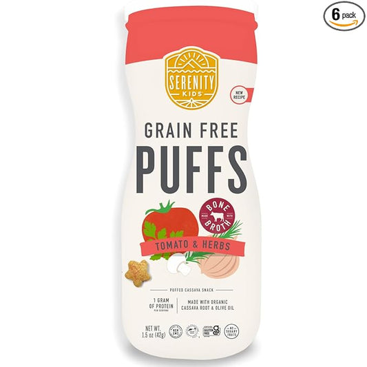Serenity Kids 6+ Months Grain Free Baby Puffs - On-the-Go Baby Travel Snacks - USDA Organic & Gluten Free Toddler Puffs - Tomato & Herbs, 1.5 Oz, Pack of 6