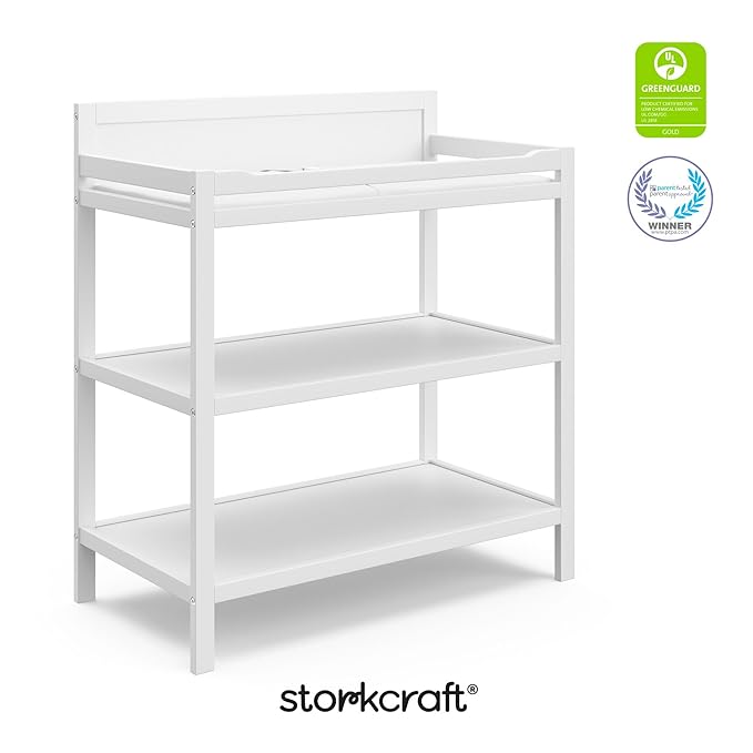 Storkcraft Alpine Changing Table (White) – GREENGUARD Gold Certified Nursery Changing Table, Includes Water-Resistant Changing Pad, 2 Shelves for Nursery Storage and Organizing