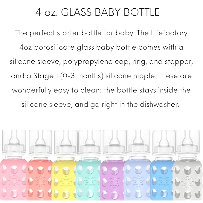 Lifefactory Glass Baby Bottle BPA Free | Protective Silicone Sleeve | 4 oz Pack of 2 | Pink, Sky Blue