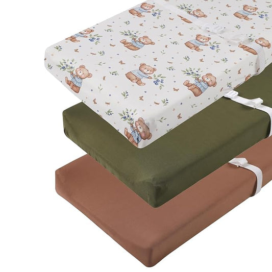 Changing Pad Cover Set 3 Pack Jersey Knit Ultra Soft for Baby Boys Girls Brown/Light Green/Bear Leaf