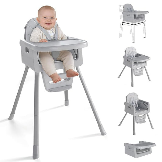 Baby High Chair for 6 Months+, Foldable High Chairs for Babies and Toddlers, Convertible High Chair, Adjustable Tray & Footrest, Portable High Chair & Easy to Clean(Gray)