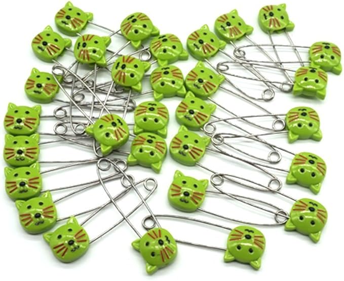 Cute Animal Cat Baby Safety Pins Secure Clips for Fastening Baby Clothes Diaper Napkins Stainless Steel Size L 5.3CM 30PCS Green