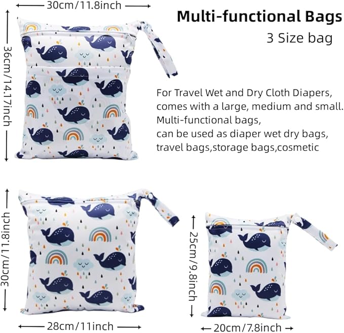 3pcs Cloth Diaper Wet Dry Bags Waterproof Reusable with Two Zippered Pockets Travel Beach Pool Daycare Soiled Baby Items Yoga Gym Bag for Swimsuits or Wet Clothes