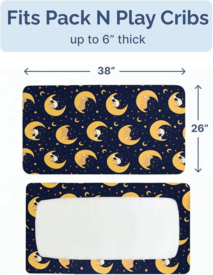 Pack and Play Sheets Fitted - 2 Pack Mini Crib Sheets for Pack N Play Mattress - Unisex Playard Microfiber Bedding for Boys & Girls - Soft, Breathable & Wrinkle Free - Oeko-Tex, 38 x 26in - Moon Bear