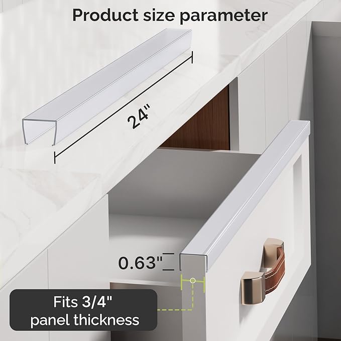 Snugly Fit 24" Length Cabinet Door Protector, Flexible Slip-On Plastic Edge Guard, Thin Transparent Edge Protectors to Prevent Wear, Chipping, Discoloration, Cabinet Bumpers, 3/4" Thick,10 PCS