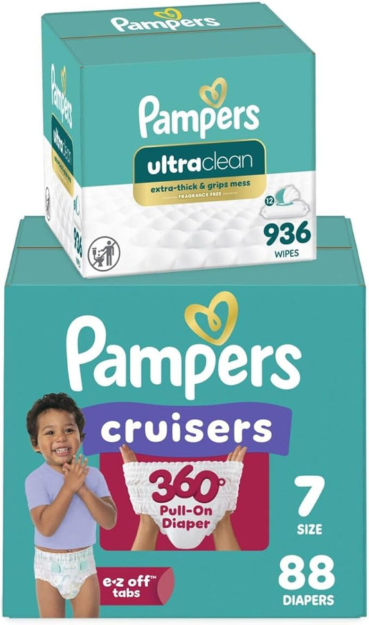 Pampers Pull On Cruisers 360° Fit Disposable Baby Diapers Size 7, One Month Supply (88 Count) with Ultra Clean Baby Wipes 12 Flip-Top Packs (936 Wipes Total)