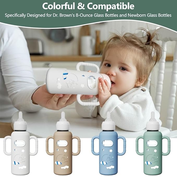 4 Pack Silicone Sleeves for Dr Brown's Glass Bottles, Drop Protection Bottle Sleeves with Handles, Anti Breakage Baby Bottle Protector Compatible with Dr. Brown's Newborn Glass Bottles,8 oz