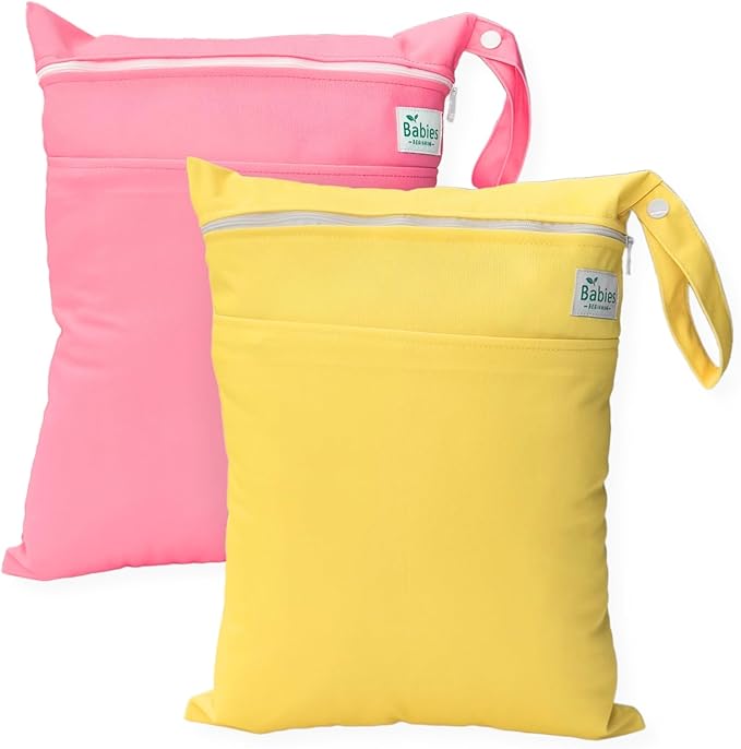2-Pack Wet Bags – Waterproof Travel Bags for Cloth Diapers, Baby Essentials & Swimwear – Reusable Wet Dry Bag with Double Zipper & Handle for Diaper Bag & Beach Trips (Sunrise Sorbet)