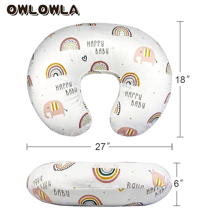 OWLOWLA Nursing Pillow Cover, Breastfeeding Pillow Slipcover Fits Nursing Pillow for Baby Boy Girl(Rainbow&Elephant)