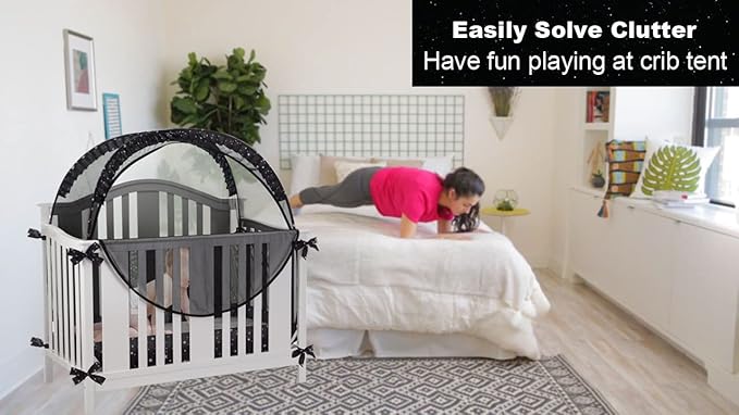 Safety Crib Tent to Keep Baby in Pop up Mosquito Net Netting Canopy Mesh Cover for Toddler - Black