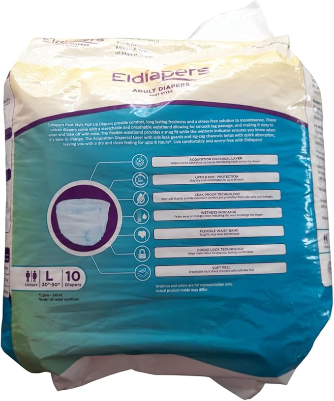 Pant Style Adult Diapers | waist Size (96-137 CM) (38"- 54" inch) 10 hr Absorption | Unisex | Odour Control (Large)