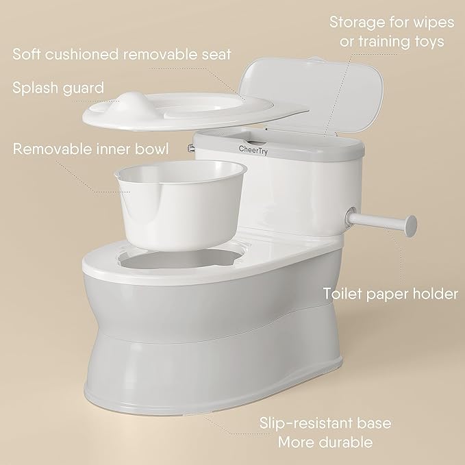 CheerTry 2-in-1 Toddler Potty Training Toilet - with Detachable Training Seat, Realistic Flushing Sound for Boys & Girls Ages 1-3 with Wipes Storage, Toilet Paper Holder