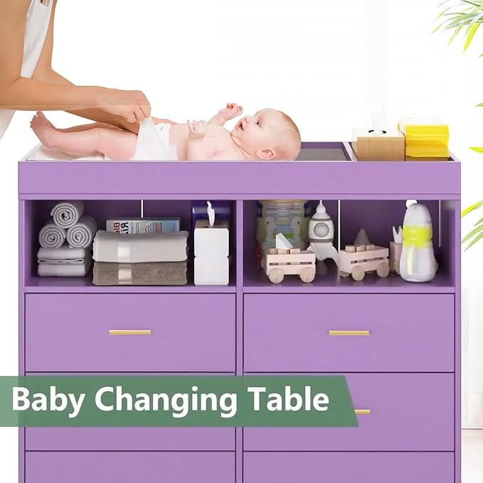 Jojoka Nursery Changing Table Dresser with LED Lighting and Charging Function, 6 Drawer Storage Dresser with 2 Open Compartments, Convertible Baby Diaper Station for Nursery and Bedroom Use