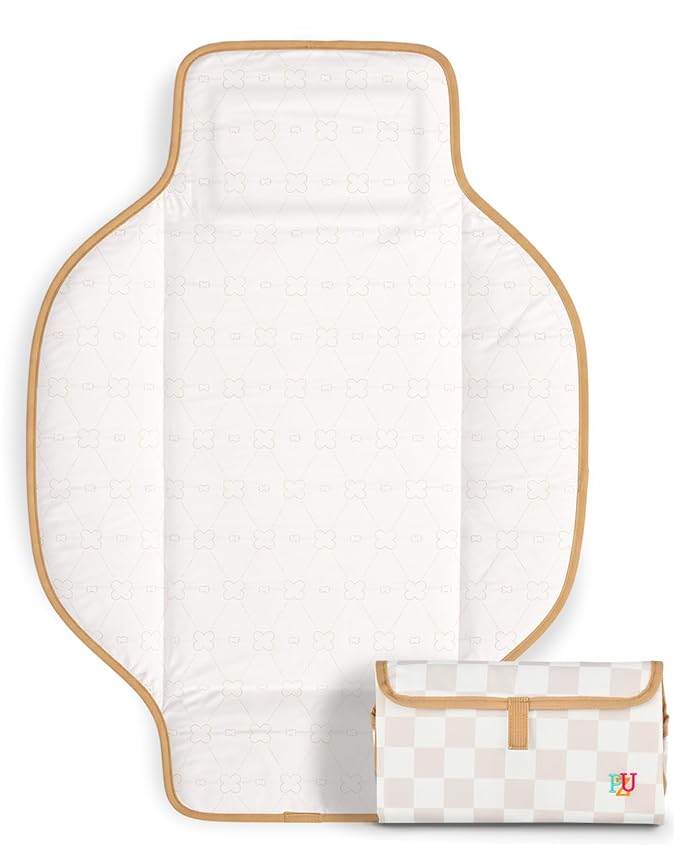PZU Portable Diaper Changing Pad - Waterproof Travel Changing Mat with Built-in Pillow, Gifts for Baby Shower, Newborn Girls & Boys（Beige Checkers）